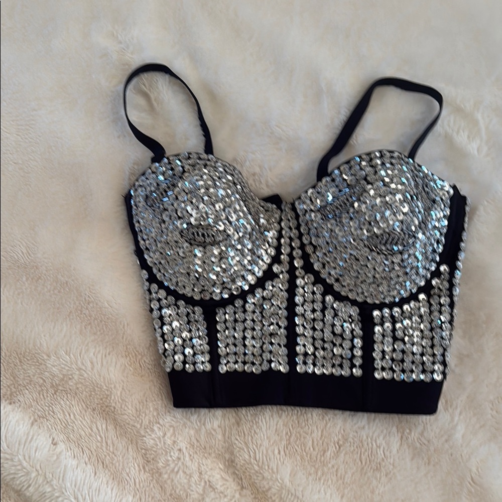 Sequin Embellished Black Bustier Top